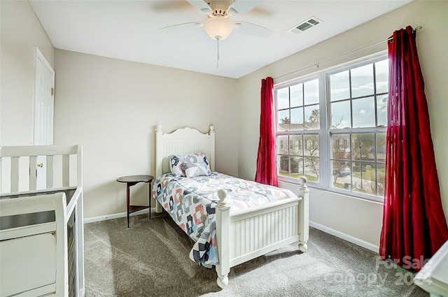 carpeted bedroom with ceiling fan