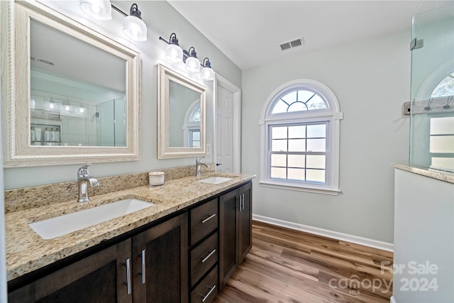 bathroom with vanity, a shower with shower door, hardwood / wood-style floors, and a healthy amount of sunlight