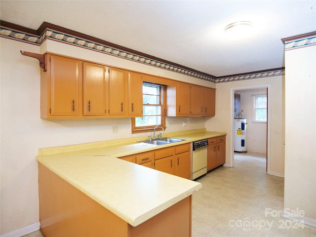 kitchen with electric water heater, sink, dishwasher, kitchen peninsula, and a textured ceiling