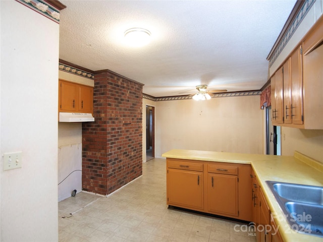 kitchen with ceiling fan, sink, and a textured ceiling