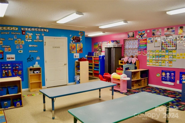 playroom featuring carpet floors and a textured ceiling