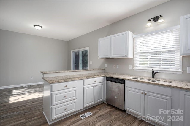 kitchen with dark hardwood / wood-style flooring, sink, dishwasher, kitchen peninsula, and white cabinets