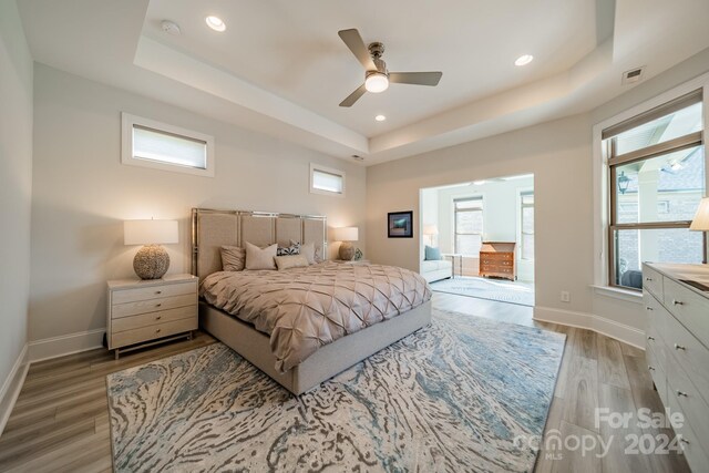 bedroom featuring light hardwood / wood-style floors, a raised ceiling, and ceiling fan