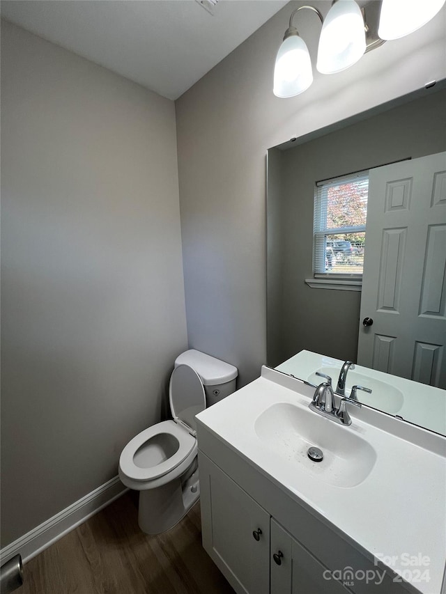 bathroom featuring vanity, toilet, and wood-type flooring