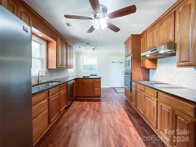 kitchen featuring tasteful backsplash, sink, stainless steel appliances, and dark hardwood / wood-style flooring