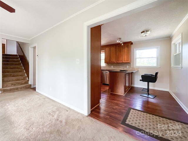 kitchen with ornamental molding, stainless steel dishwasher, dark wood-type flooring, a breakfast bar area, and decorative backsplash