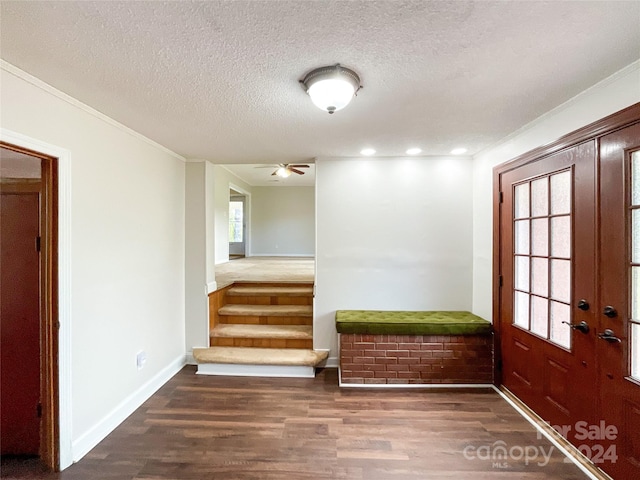 interior space featuring ornamental molding, a textured ceiling, plenty of natural light, and dark hardwood / wood-style flooring