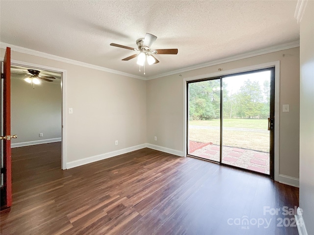 empty room featuring ornamental molding, ceiling fan, dark hardwood / wood-style floors, and a textured ceiling