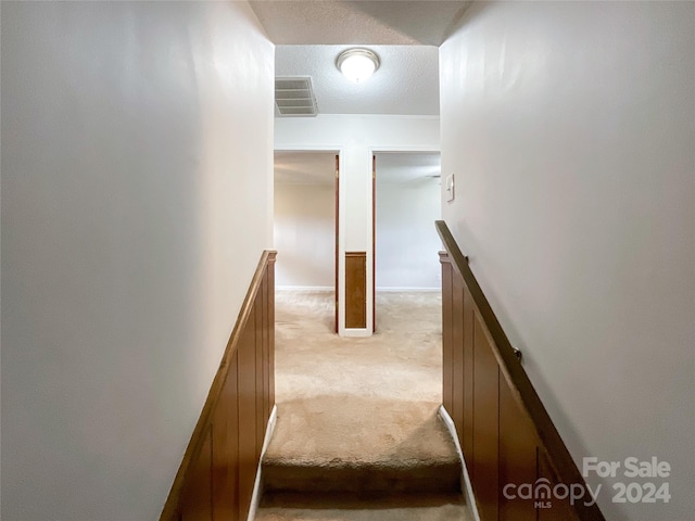 stairs featuring carpet and a textured ceiling