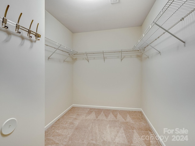 walk in closet featuring light colored carpet