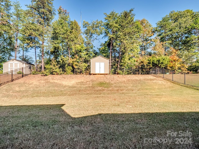 view of yard featuring a storage unit