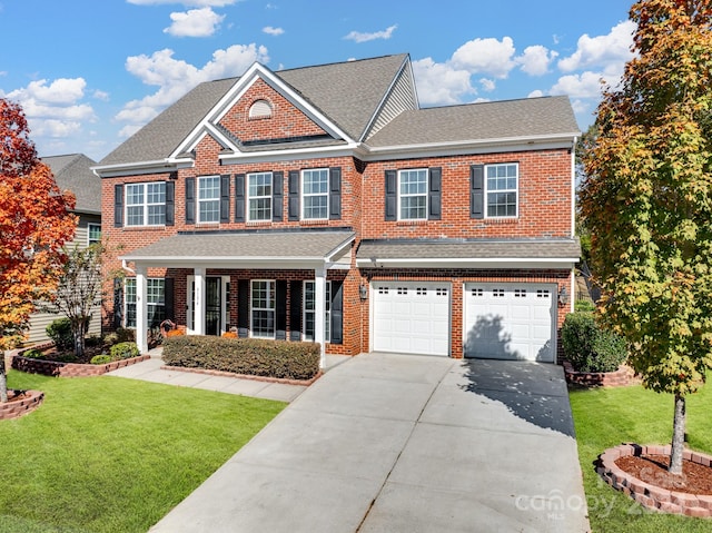 view of front of home with a front yard and a garage