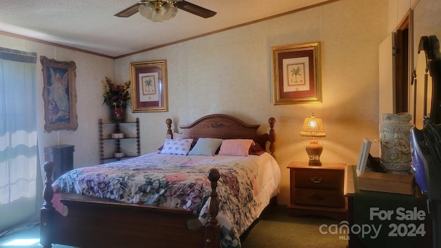 bedroom featuring ceiling fan, carpet floors, vaulted ceiling, ornamental molding, and a textured ceiling