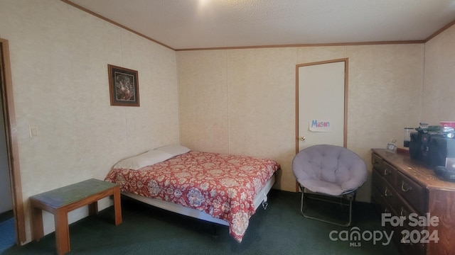 carpeted bedroom featuring a textured ceiling, lofted ceiling, and ornamental molding