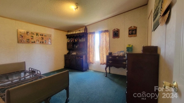 bedroom with carpet floors, a textured ceiling, and vaulted ceiling