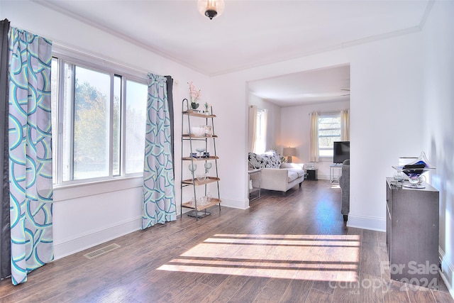 foyer entrance with crown molding and dark hardwood / wood-style flooring