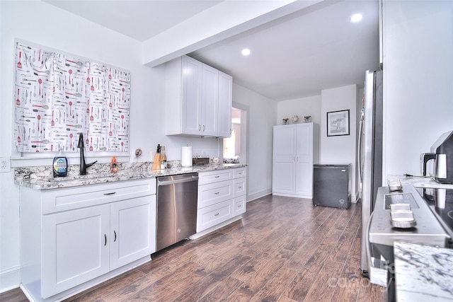 kitchen with white cabinetry, dishwasher, dark wood-type flooring, and light stone counters