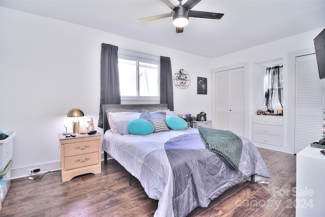 bedroom featuring ceiling fan and dark hardwood / wood-style flooring