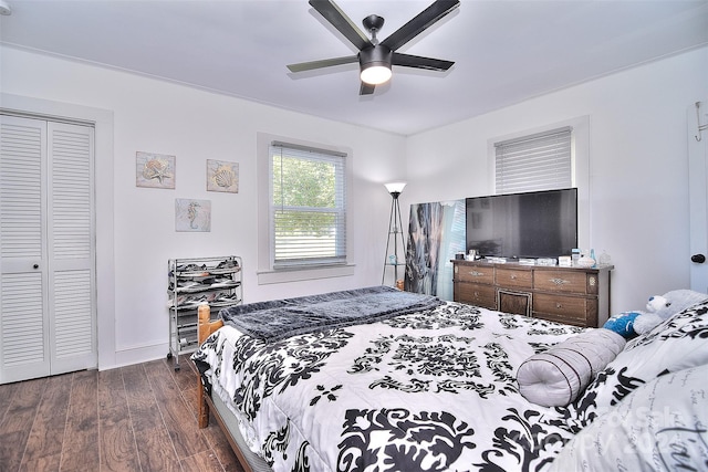 bedroom featuring dark hardwood / wood-style flooring, a closet, and ceiling fan