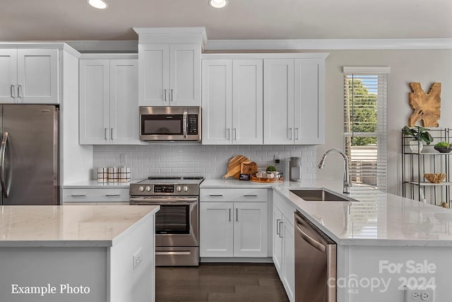 kitchen featuring light stone countertops, stainless steel appliances, dark wood-type flooring, sink, and white cabinetry