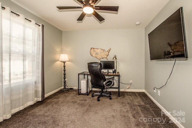 office with dark carpet and ceiling fan