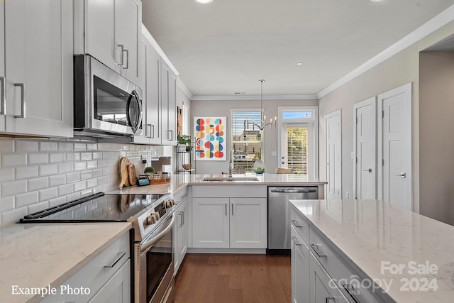 kitchen with a peninsula, a sink, dark wood finished floors, appliances with stainless steel finishes, and tasteful backsplash