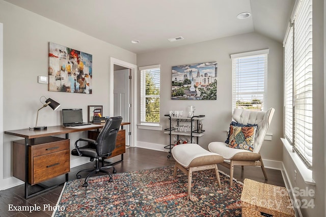 home office featuring recessed lighting, baseboards, visible vents, and dark wood finished floors