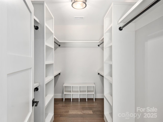 walk in closet with dark hardwood / wood-style floors