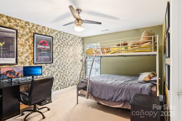 bedroom featuring carpet floors and ceiling fan