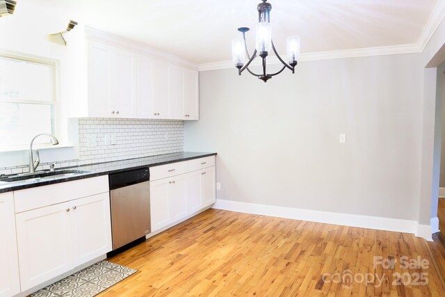 kitchen with sink, backsplash, white cabinets, and dishwasher