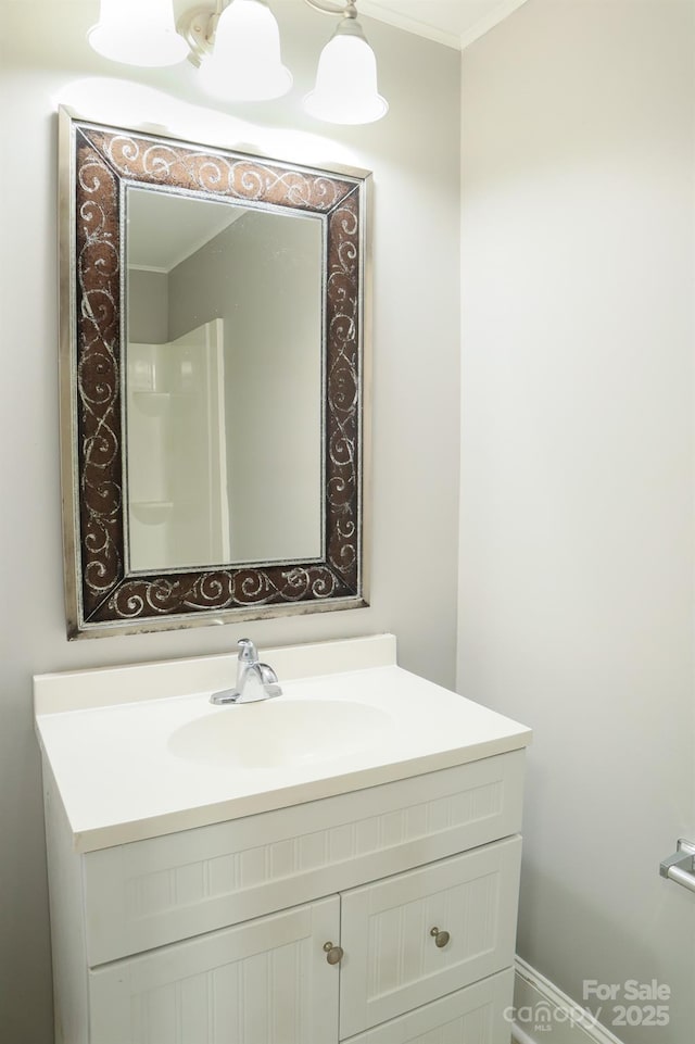 bathroom with a shower and vanity