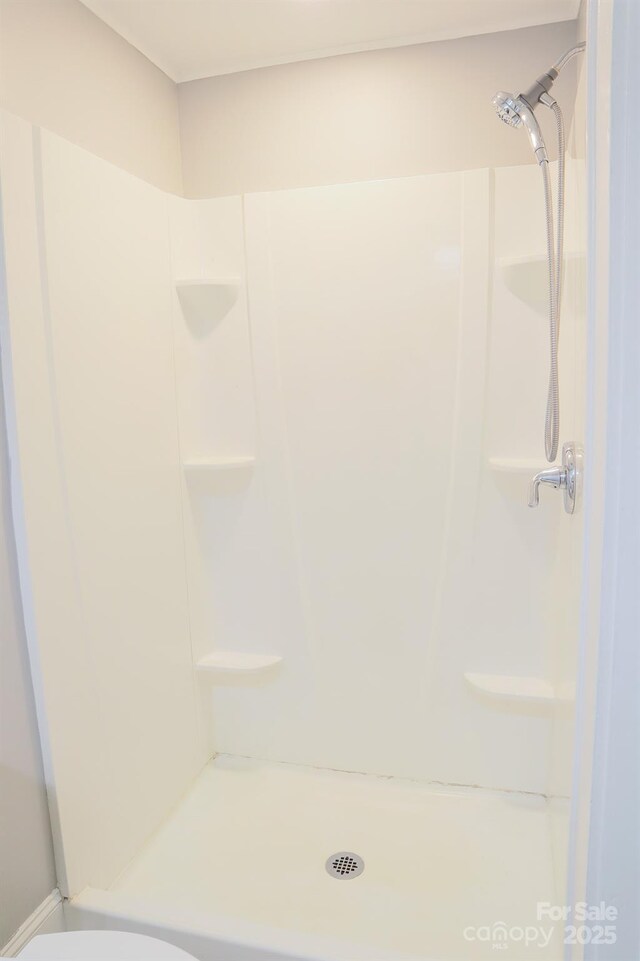 bathroom featuring walk in shower and toilet