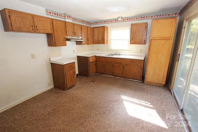 kitchen featuring under cabinet range hood, brown cabinetry, a sink, and light countertops