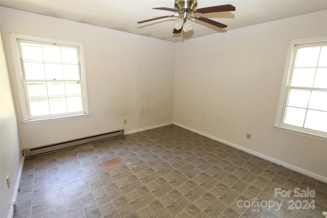 unfurnished room with baseboard heating and ceiling fan