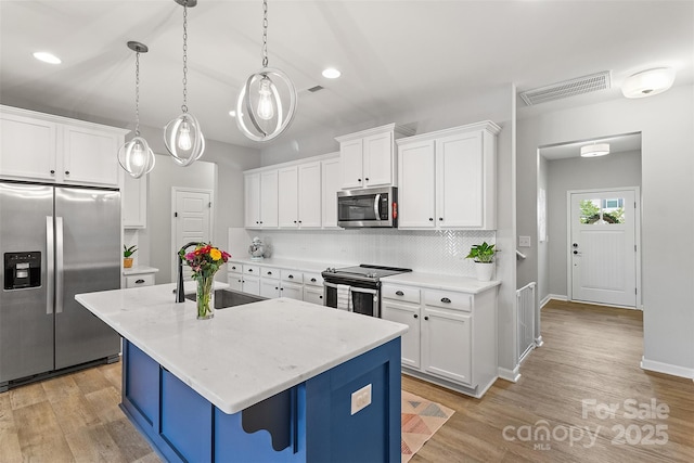 kitchen with stainless steel appliances, pendant lighting, a center island with sink, and white cabinets