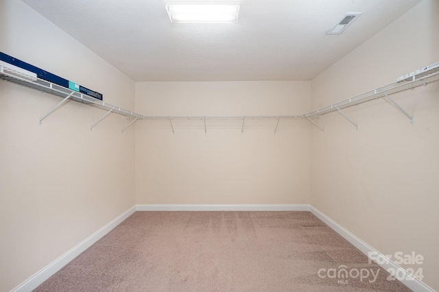 spacious closet with light colored carpet and visible vents