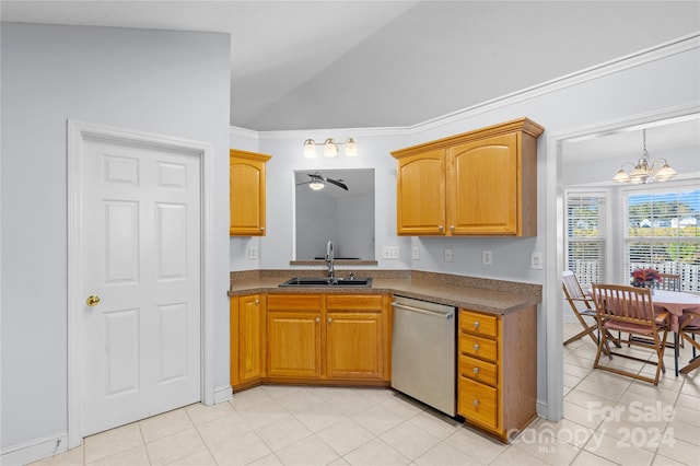 kitchen with dishwasher, sink, ceiling fan with notable chandelier, and vaulted ceiling