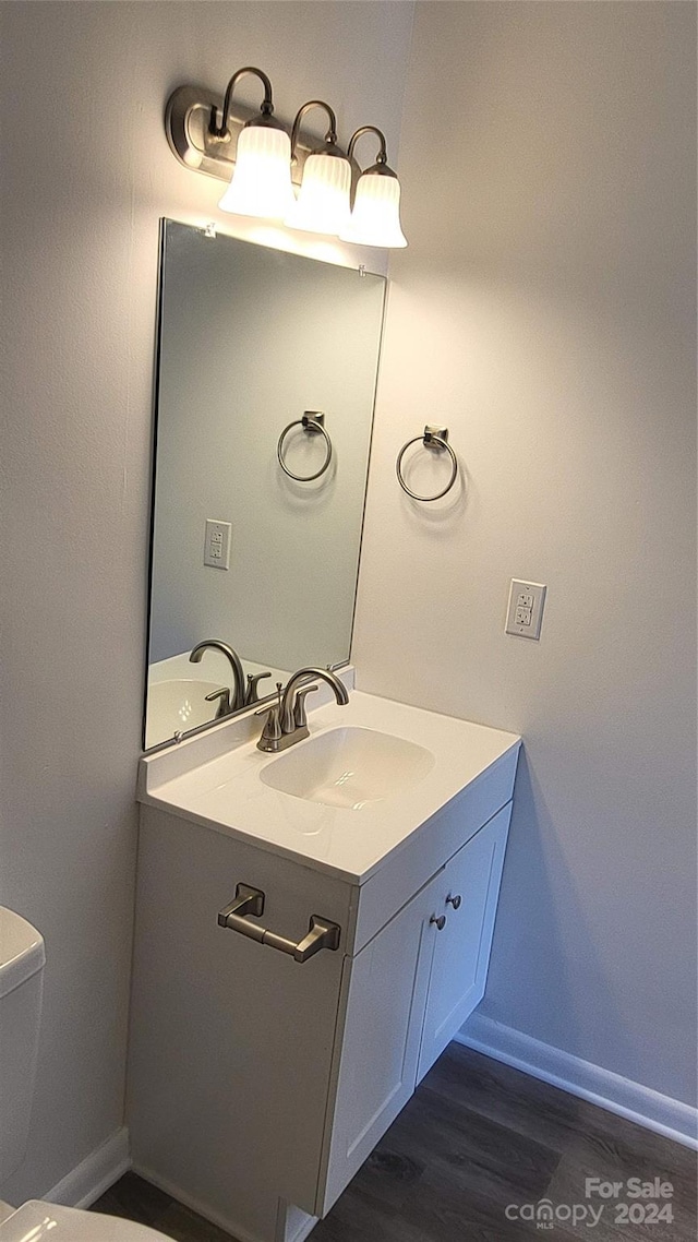 bathroom featuring toilet, vanity, and wood-type flooring