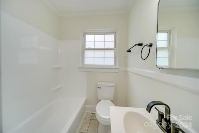 full bathroom featuring ornamental molding, shower / bathing tub combination, toilet, and tile patterned floors