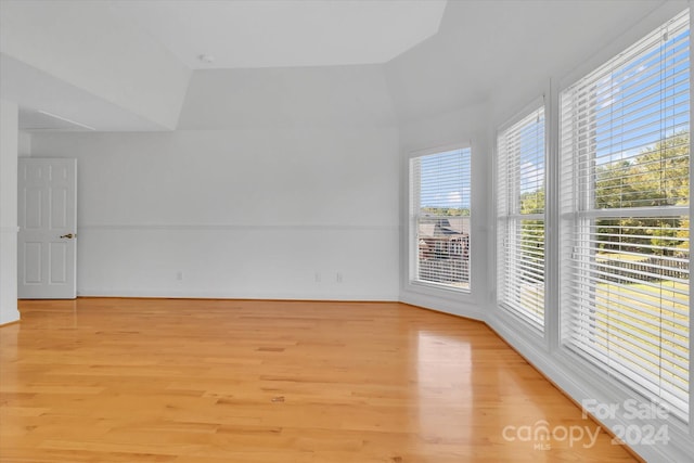 unfurnished room with lofted ceiling and light hardwood / wood-style flooring