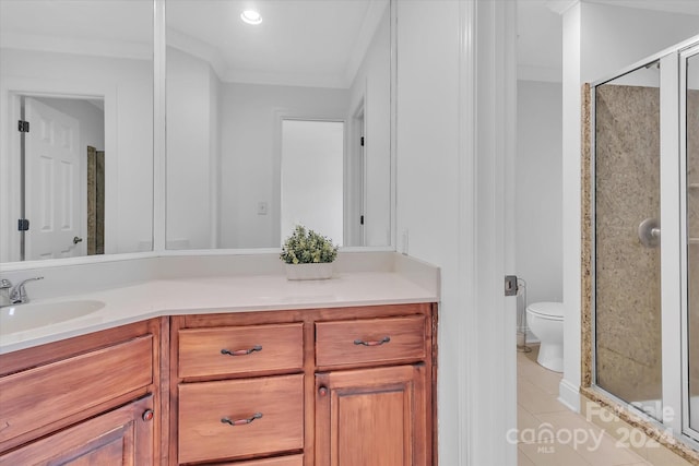 bathroom featuring an enclosed shower, tile patterned floors, vanity, and toilet