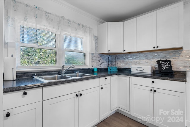 kitchen featuring ornamental molding, sink, white cabinets, and dark hardwood / wood-style flooring