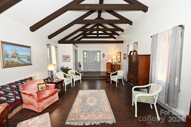 living room with dark wood-type flooring and vaulted ceiling with beams