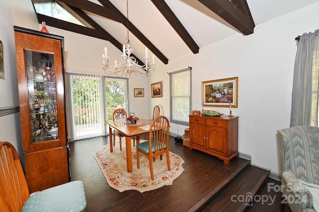 dining space with plenty of natural light, dark hardwood / wood-style floors, and lofted ceiling with beams