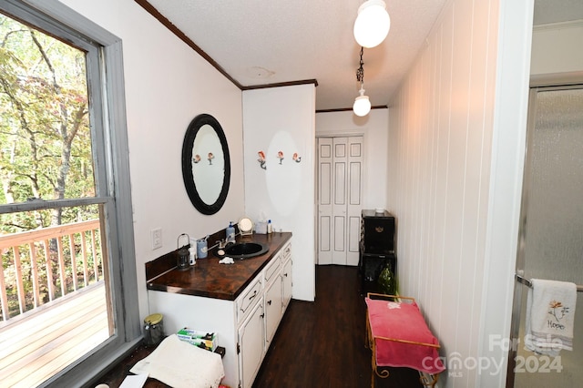 bathroom featuring walk in shower, vanity, hardwood / wood-style floors, and a wealth of natural light