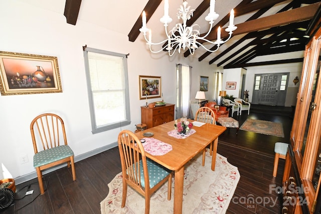 dining room featuring dark wood-type flooring, vaulted ceiling with beams, and a notable chandelier