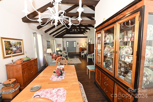 dining area with vaulted ceiling with beams, a notable chandelier, and dark wood-type flooring