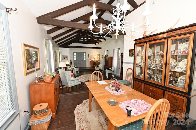 dining room with vaulted ceiling with beams, an inviting chandelier, and dark wood-type flooring