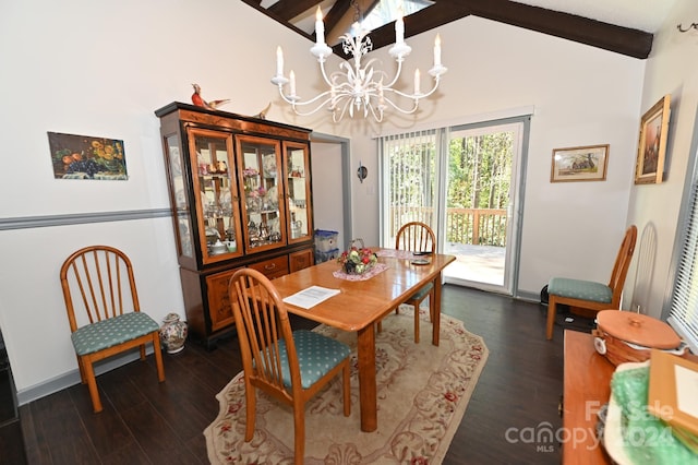 dining area featuring high vaulted ceiling, a notable chandelier, beamed ceiling, and dark hardwood / wood-style flooring