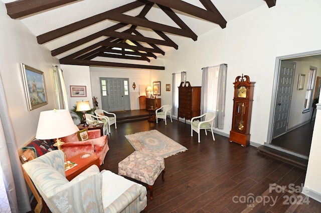 living room with dark hardwood / wood-style floors, beamed ceiling, and high vaulted ceiling